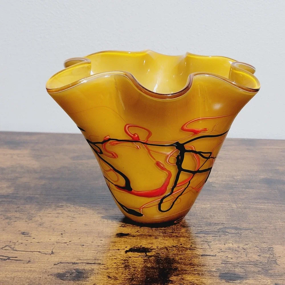 Yellow Art Glass Fluted Handkerchief Vase Art Glass Art Deco Yellow Red‎ Black